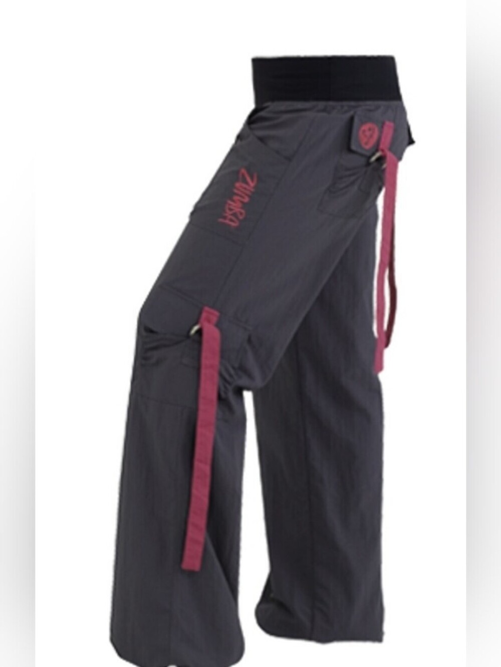 Zumba Fitness Wide-Leg Grey Cargo Pants w/ Pink Straps - Size Medium